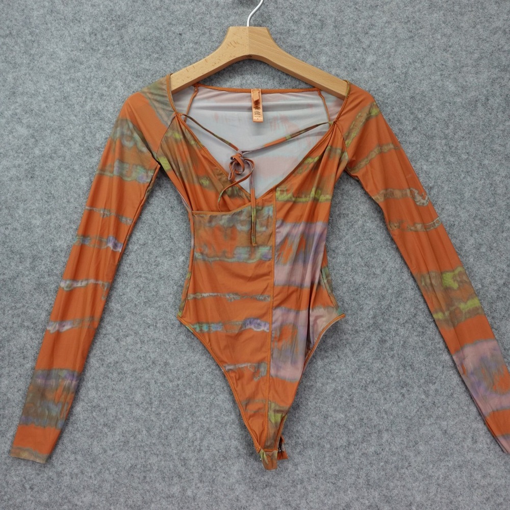 Skims Sheer Long Sleeve Bodysuit S Orange Marble Y2K Festival Going Out Surplice